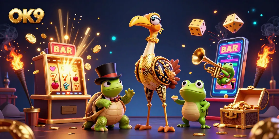 Engage with the exciting world of OK9 as illustrated by a dynamic casino scene, featuring characters and vivid gambling elements.