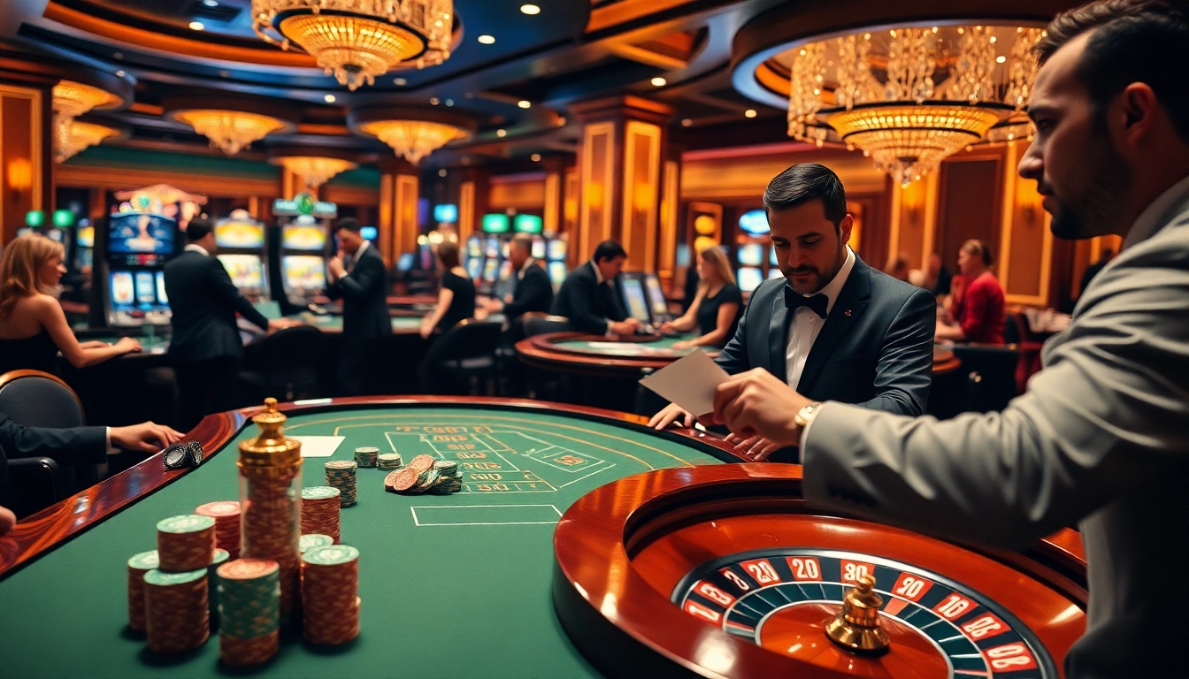 Engaged players enjoying the da88 game at a luxurious casino table with vibrant colors.