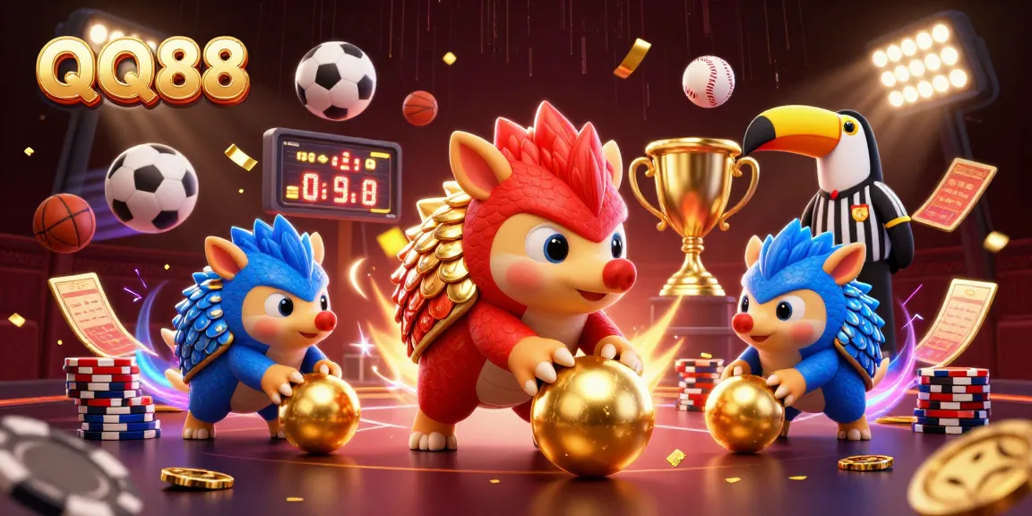 QQ88 pangolins compete in a vibrant casino scene filled with sports elements and dynamic energy.
