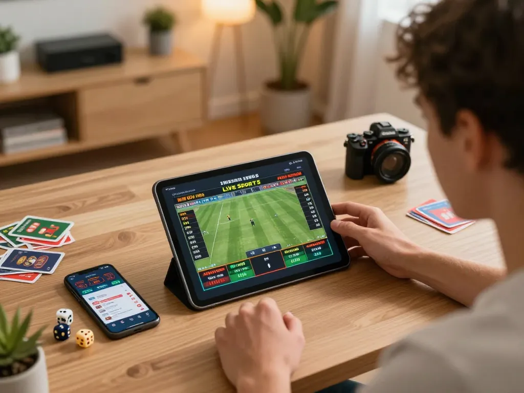 Engaging in live sports betting on tablet, showcasing XX88 user experience in a cozy home environment.