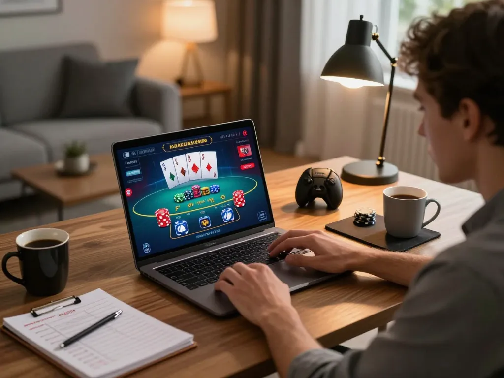 Engaging online blackjack gameplay on 33nn platform from a stylish home office.