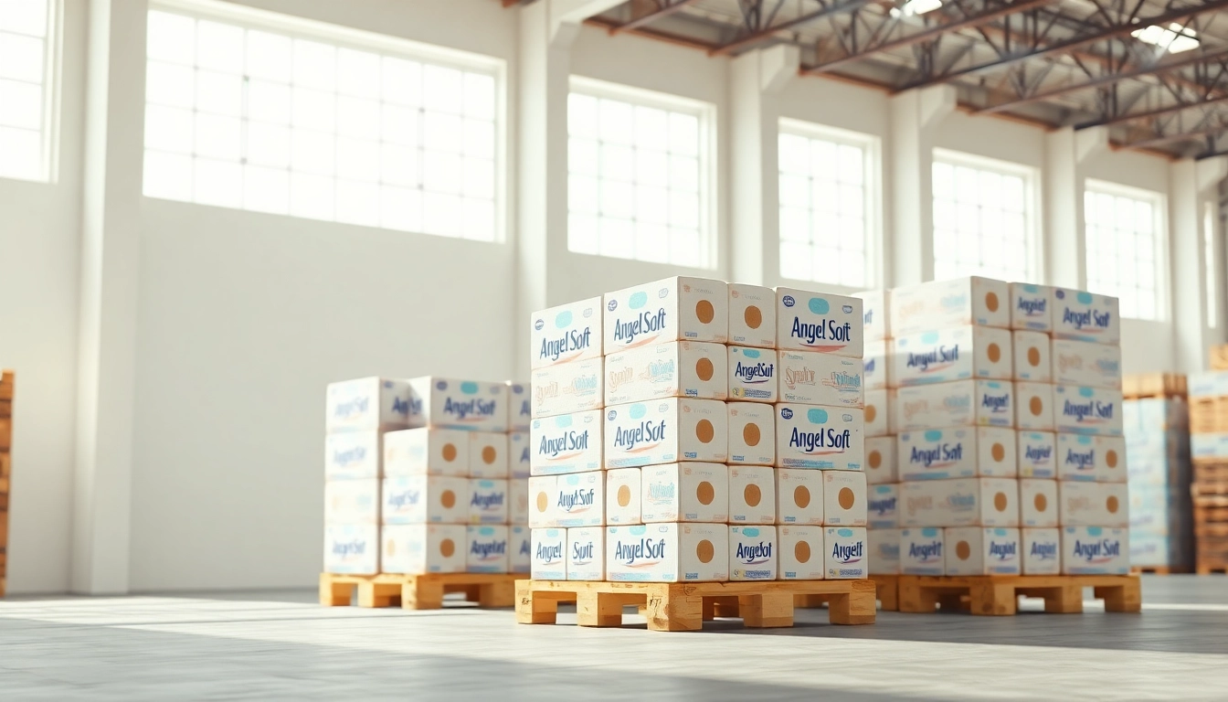 Showcasing Angel Soft Toilet Paper Pallets organized for easy access in a bright warehouse.