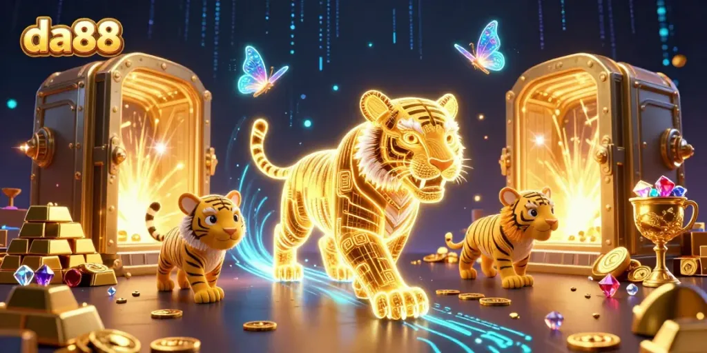 Experience the thrill of da88 as a golden tiger prowls a digital casino filled with treasures and vibrant energy.