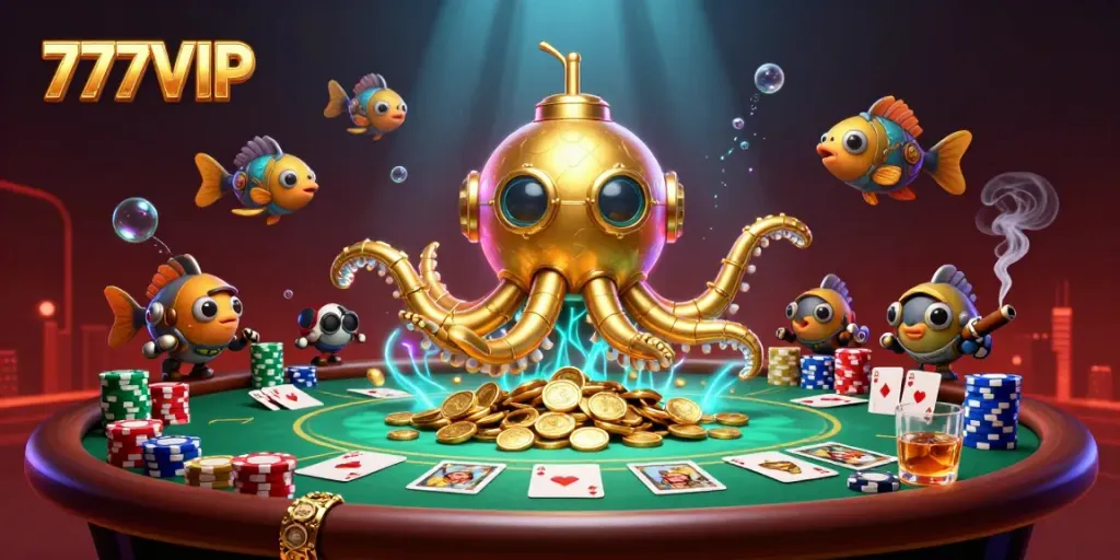 Experience thrilling adventures with 777VIP's underwater casino scene featuring a golden kraken and poker elements.