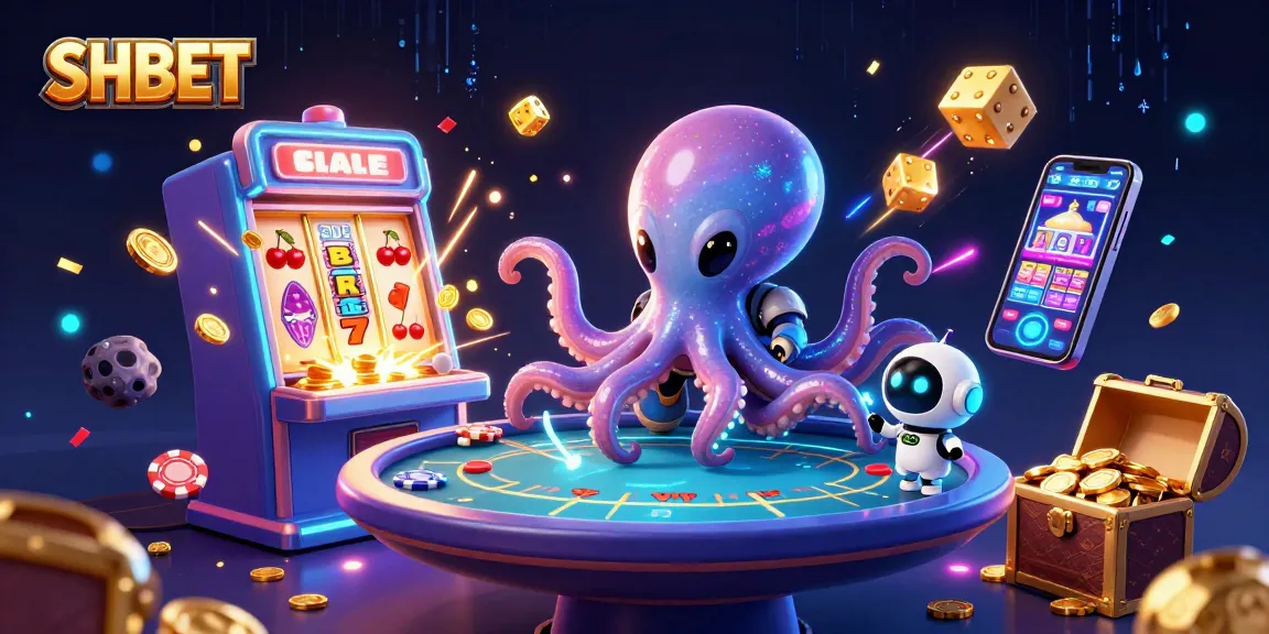 Experience thrilling action at SHBET with a vibrant scene featuring animated characters and casino games.