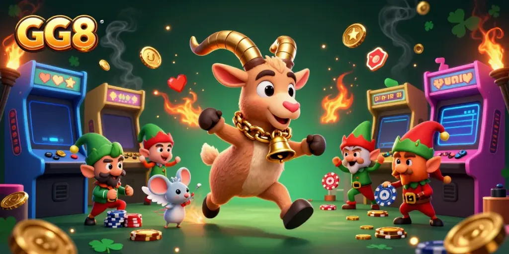 Experience the thrilling GG8 gaming adventure with festive characters in a lively casino scene.