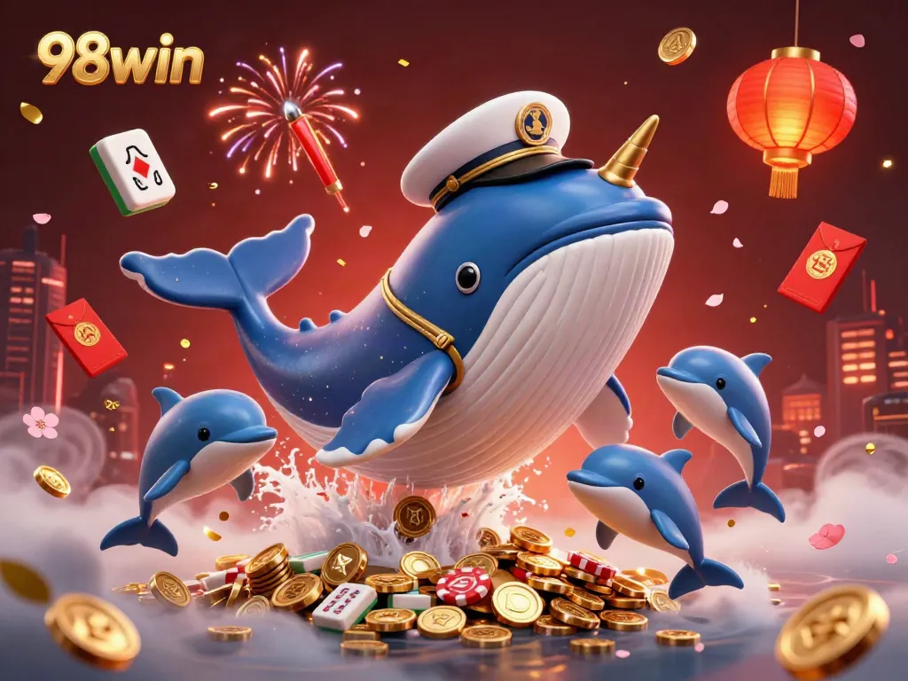 Experience the excitement of 98win while the giant whale and friends celebrate with casino-themed elements.
