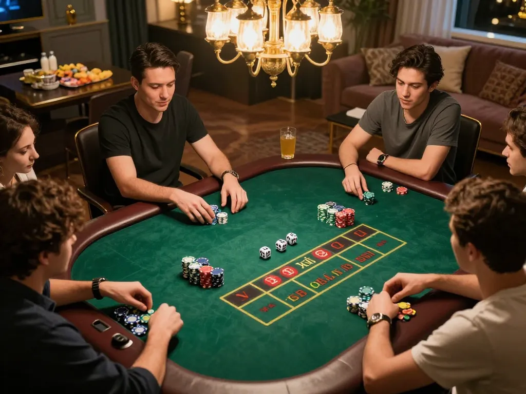 Tài Xỉu players engaged in a lively game with colorful chips and dice being rolled in a cozy home atmosphere.