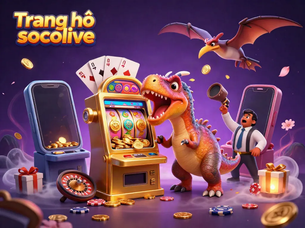 Experience the excitement of Trang chủ socolive with cartoon dinosaurs over a jackpot slot machine, capturing flying coins.