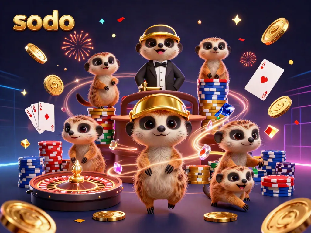 Meerkats manage a vibrant sodo casino operation, surrounded by gold coins and a spinning roulette wheel.