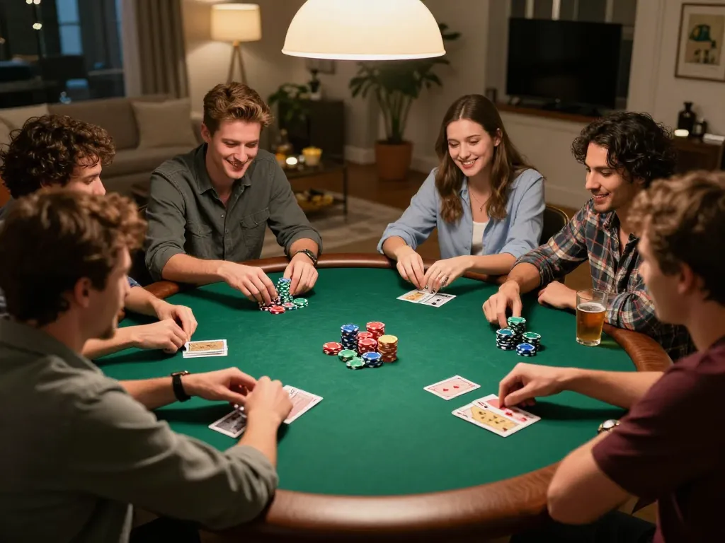 Players enjoying poker night at home, enhancing their skills with nhà cái VIC88's strategies and community.