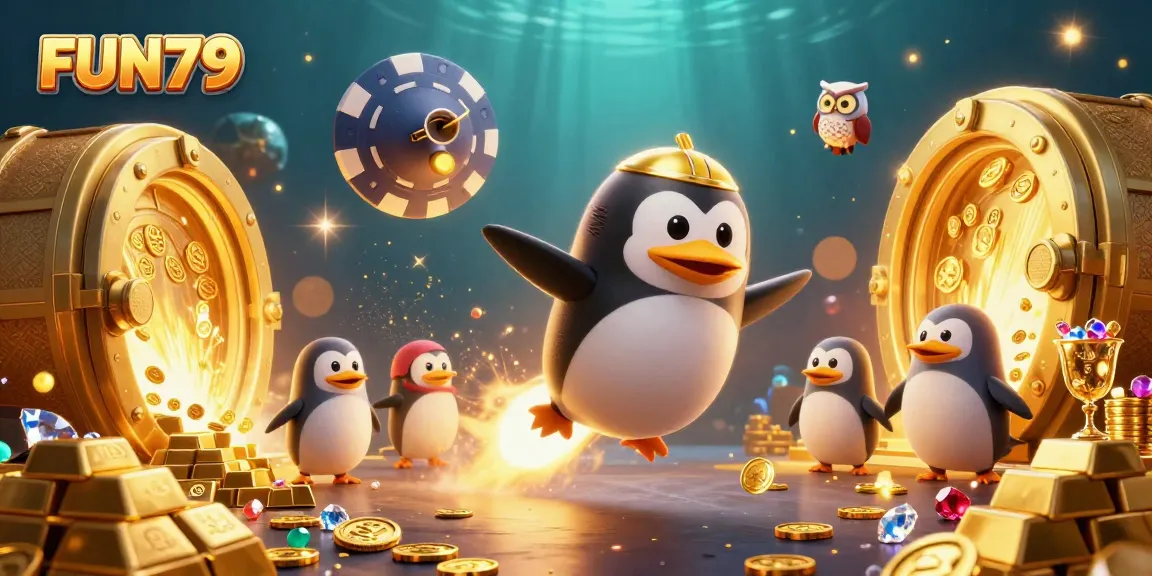 Experience thrilling rewards with FUN79's golden penguin adventure in a vibrant casino world.