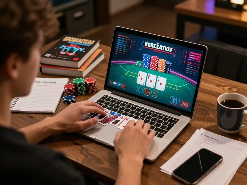 Engaged in online blackjack gameplay at home, hytw3339 showcases strategic decision-making with cards and chips.