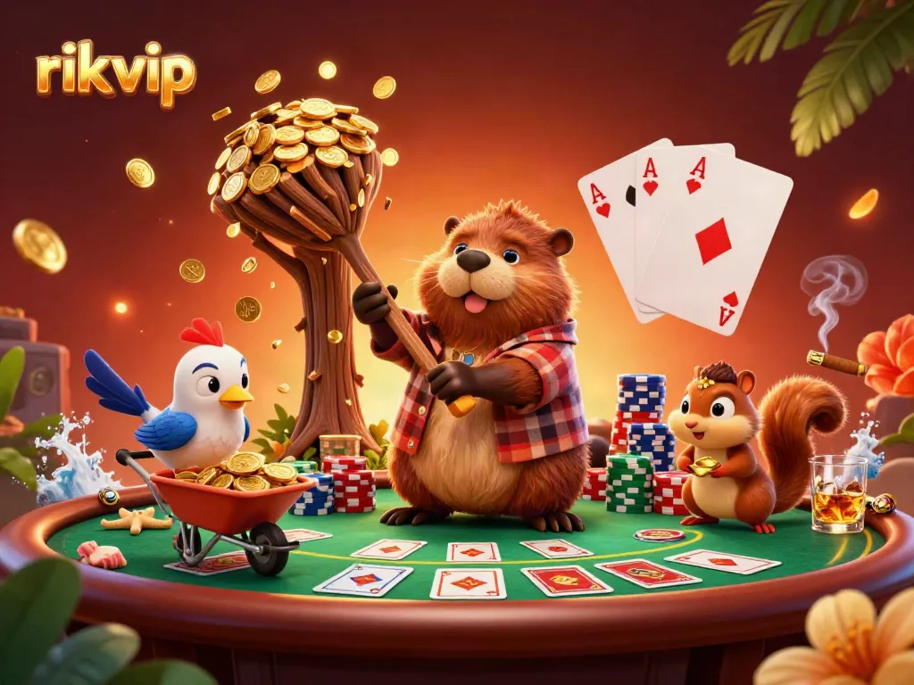 Engage in exhilarating gameplay with rik vip as the beaver collects gold coins at the casino.