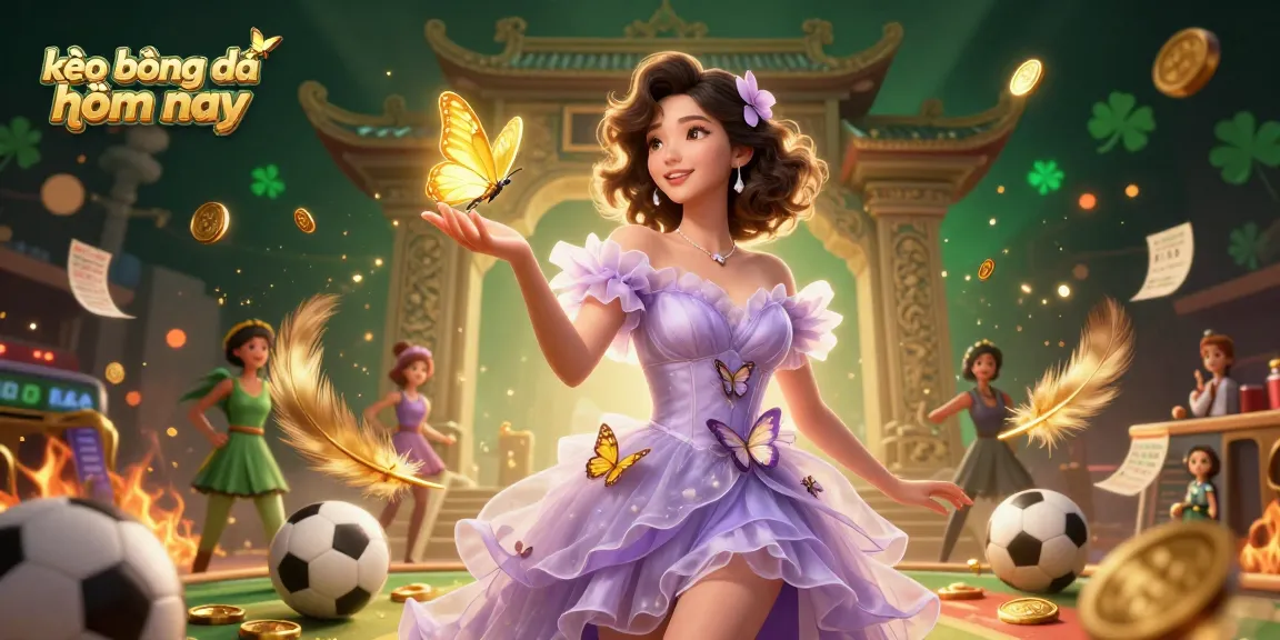 Bet on kèo bóng đá hôm nay while enjoying a stunning 3D illustration of a mesmerizing Asian woman with golden butterflies and dynamic sports elements.