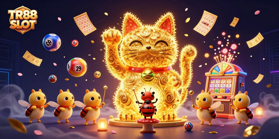 Experience thrilling entertainment with TR88 SLOT, featuring a vibrant lucky cat and dynamic casino elements.