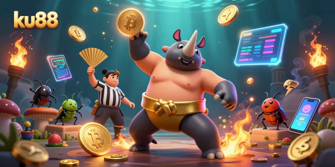 ku88 excitement unfolds as a rhinoceros beetle sumo champion sends coins flying in a vibrant casino scene