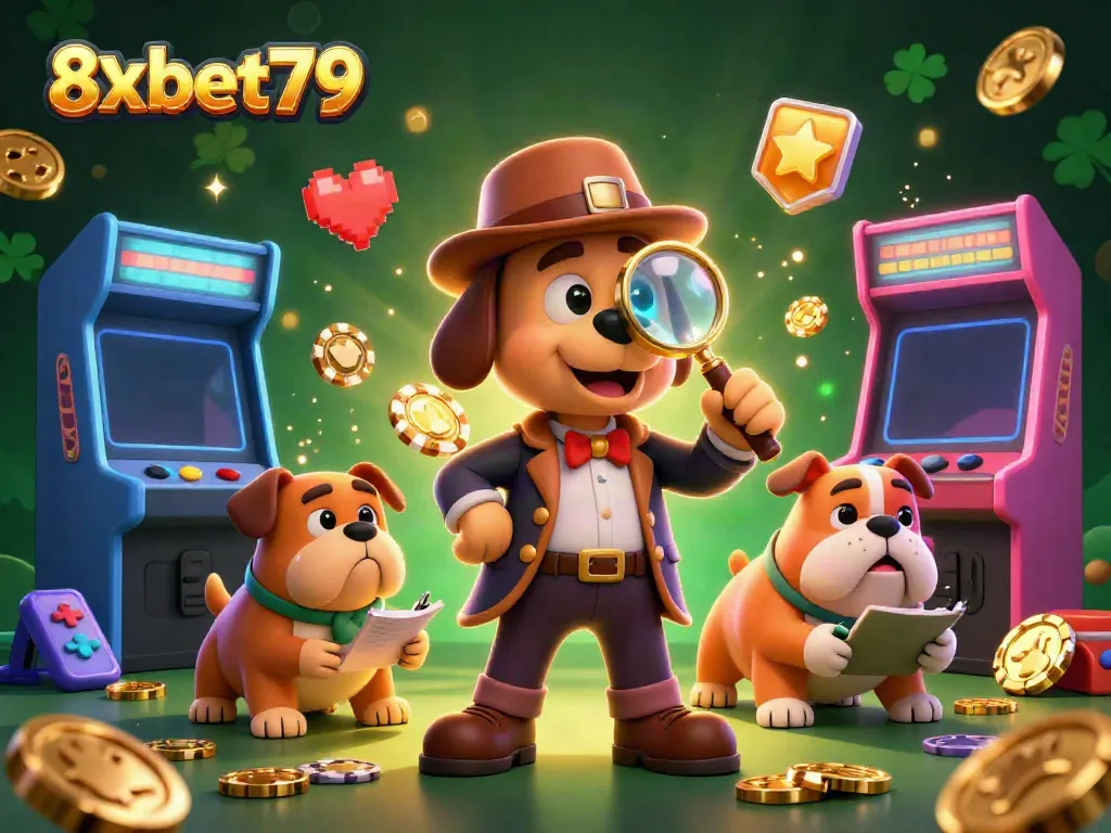 Join 8xbet79 in a thrilling casino adventure with cartoon detective characters and gaming excitement.