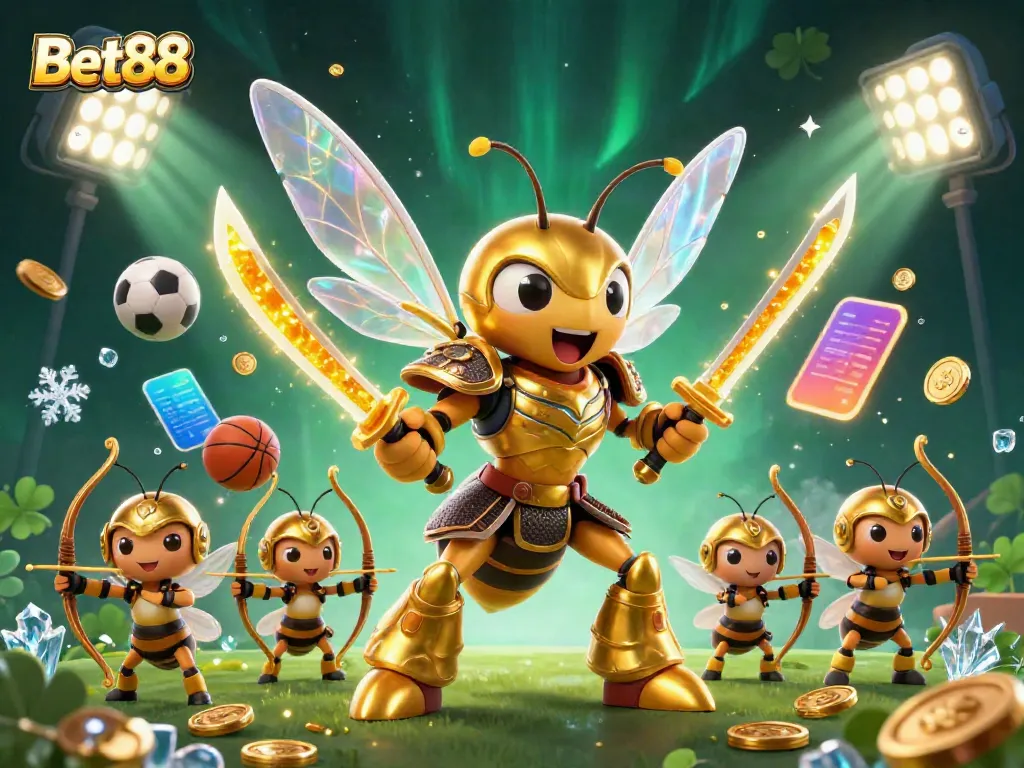 Bet88 showcases an epic 3D illustration with dynamic sports elements and a golden samurai hornet.