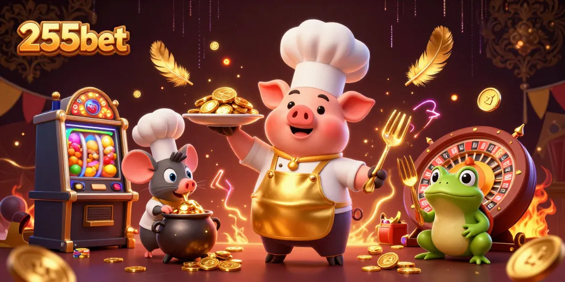 Participe de slots emocionantes e promoções na 255bet, com personagens interativos e uma cena de cassino vibrante.