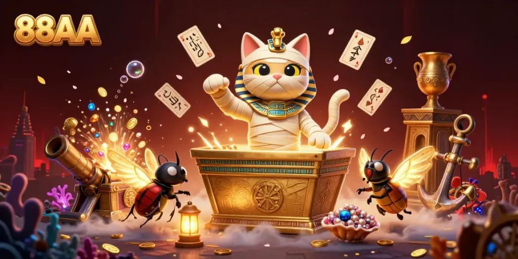 Join the fun at 88AA's vibrant casino scene with a mummy cat and treasures.