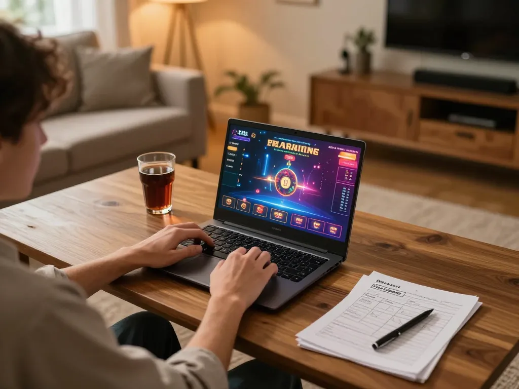 Engaged player using 27G online casino platform on a laptop in a cozy gaming setup.