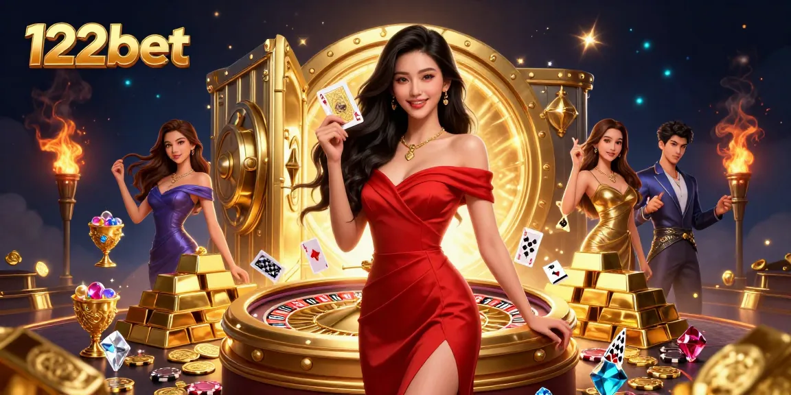 Experimente um jogo emocionante no 122bet com uma impressionante ilustração de cassino apresentando cores vibrantes e ouro.