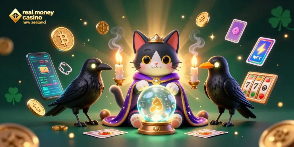 Engage with the vibrant world of a real money casino New Zealand featuring neon virtual elements, mystical characters, and dynamic action!