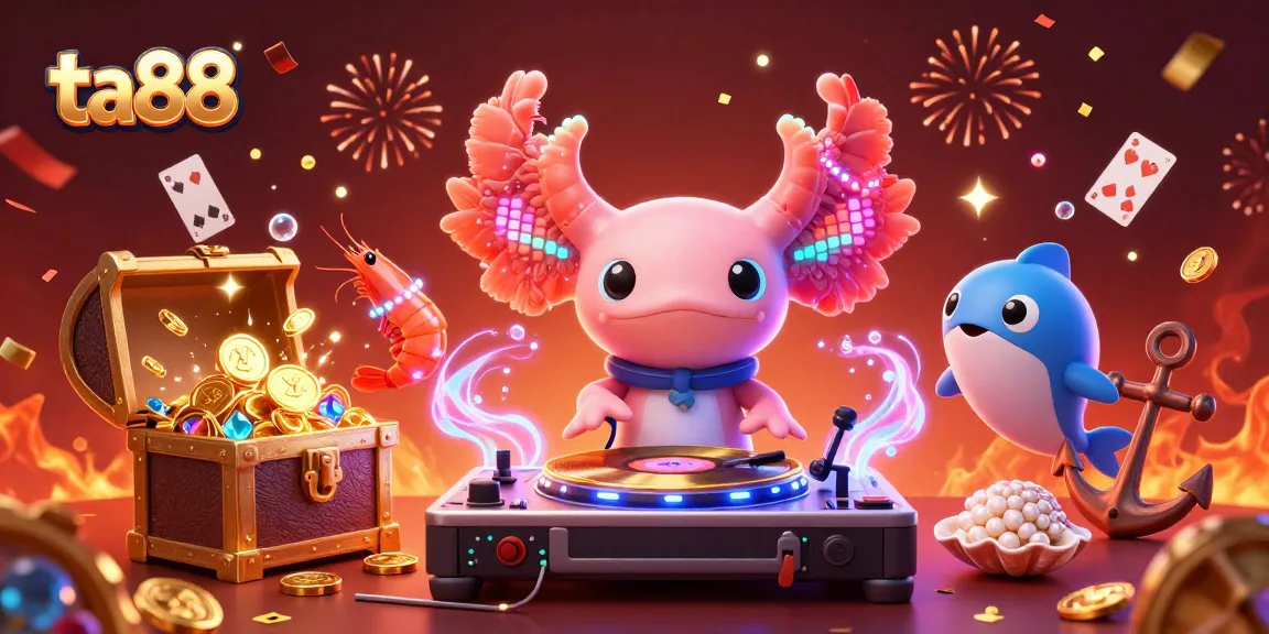 Experience the vibrant ta88 casino world with a lively axolotl DJ and dazzling treasures.