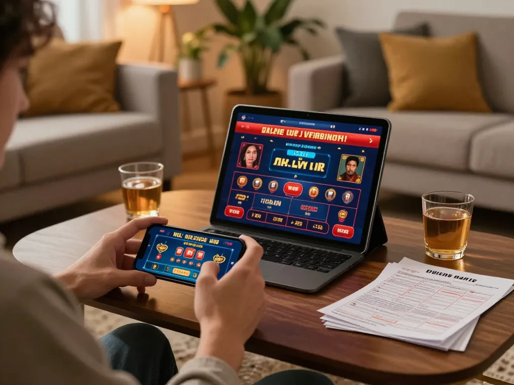 Person engaging with thabete online casino app, showcasing a cozy gaming setup.