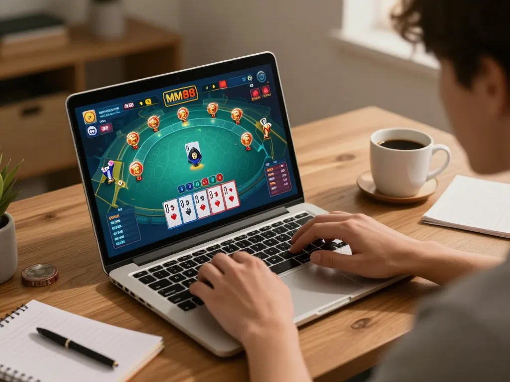Engaged player strategizing in game bài mm88 at home, with laptop gameplay visible