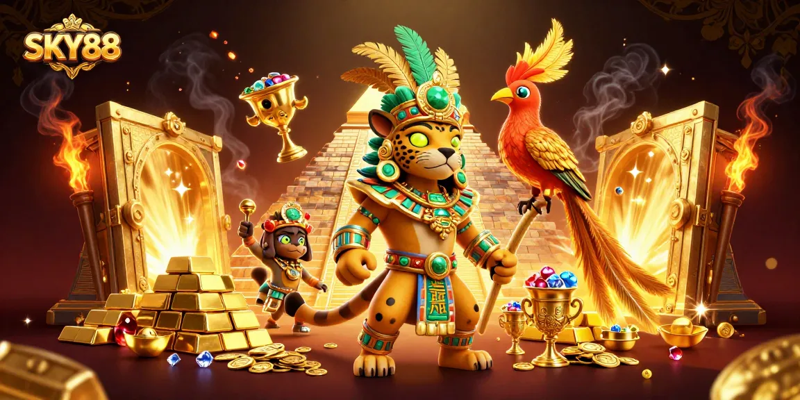 Experience the excitement of SKY88 with this vibrant 3D casino illustration showcasing dynamic elements and gold.