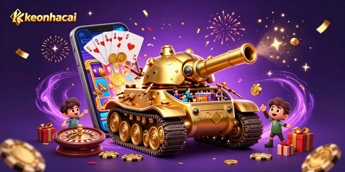 Experience thrilling gameplay at keonhacai with lively casino action and golden coins erupting.