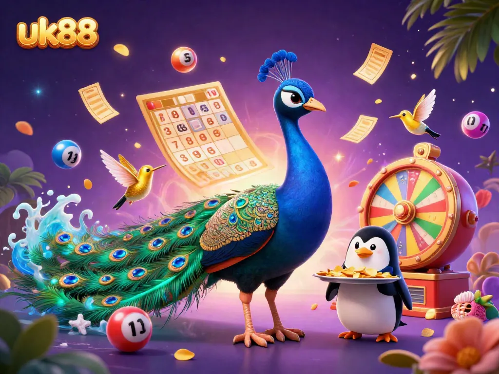 Experience the excitement of uk88 with a vibrant scene featuring a peacock, a penguin butler, and a hummingbird, surrounded by casino elements.