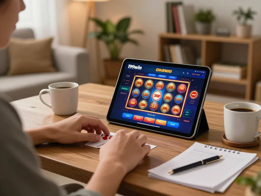 Engaging in 199win bet app on tablet while enjoying online casino gaming at home.