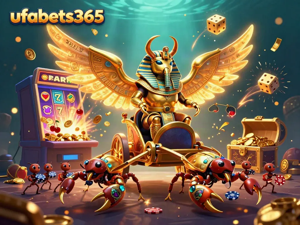 Experience the excitement of gambling with ufabets365 as a golden scarab beetle leads the charge in a 3D digital casino scene.