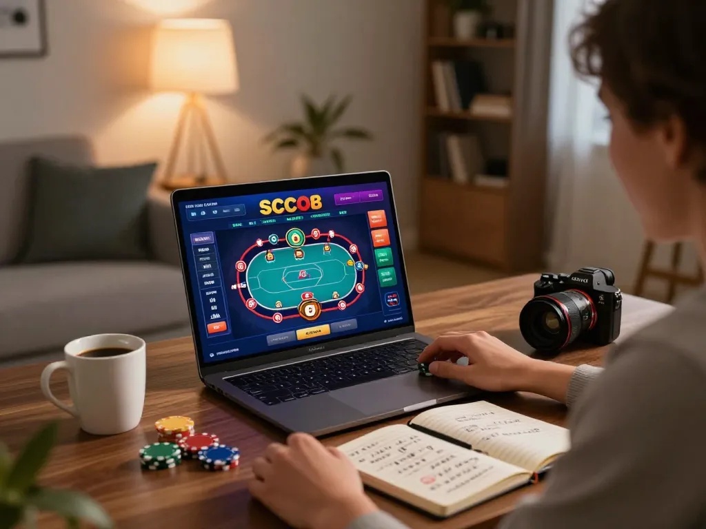 Engaging in SC88 COM online casino gaming with a vibrant poker interface and cozy setup
