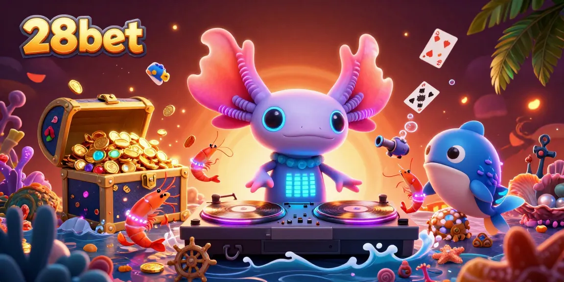 Experience thrilling 28bet gaming with an axolotl DJ and vibrant underwater casino scene