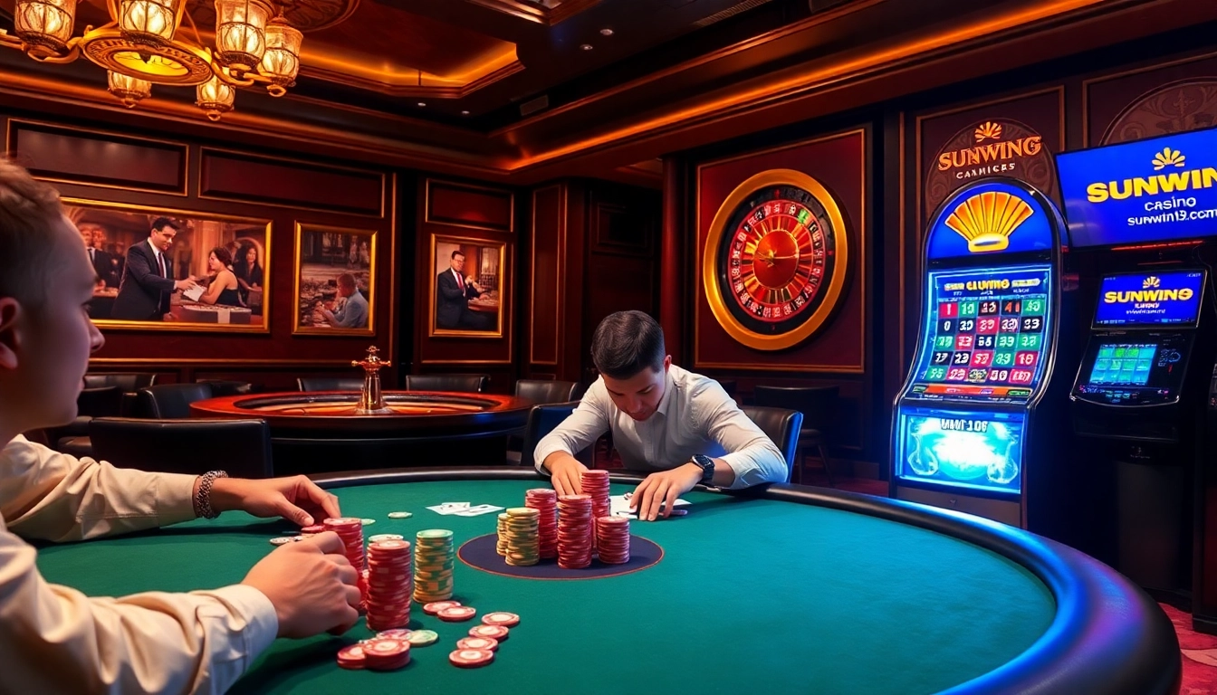 Engaging high-stakes poker action at a casino featuring sunwin19.cn.com branding.