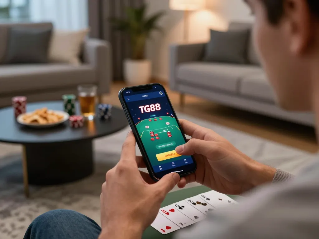 Engaging with TG88 mobile app in a cozy home setting during online gambling.