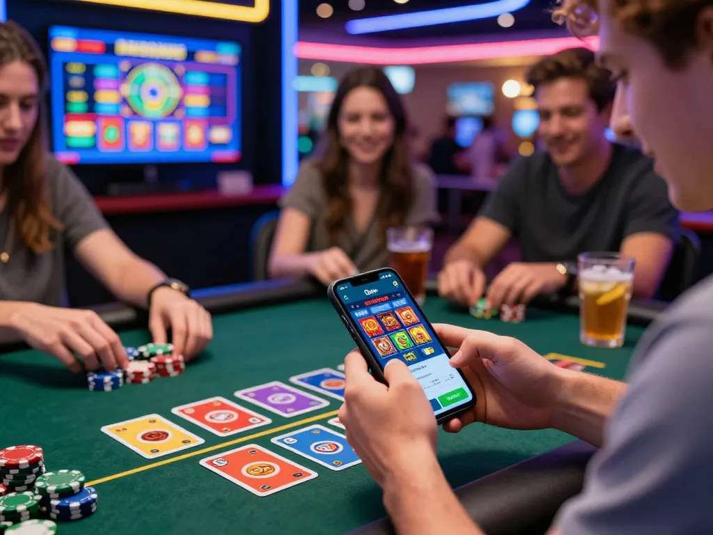 Player engaging with the Onbet app in a lively online casino setting, showcasing excitement and modern gaming.