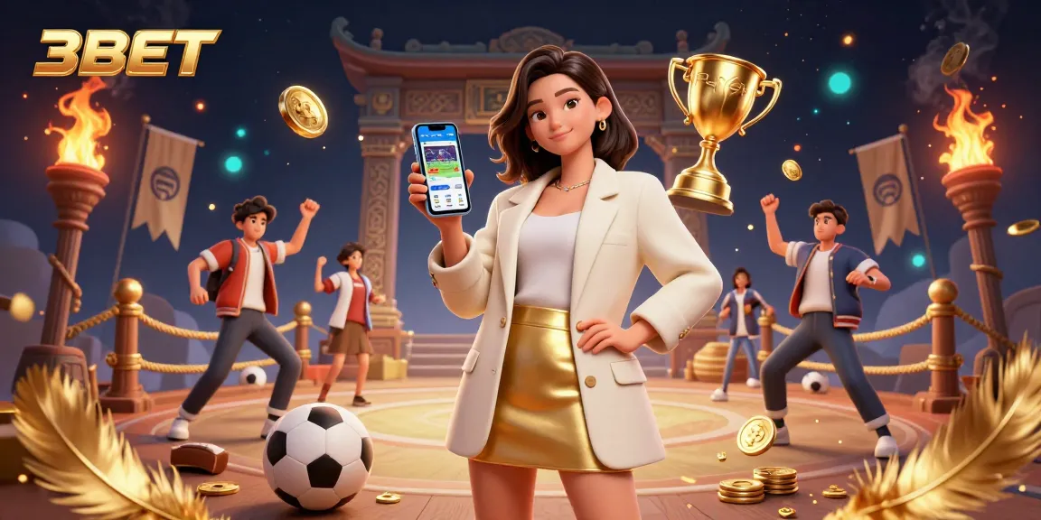 Win big with 3BET as a beautiful Asian woman showcases a sports betting app amidst dynamic gambling elements.