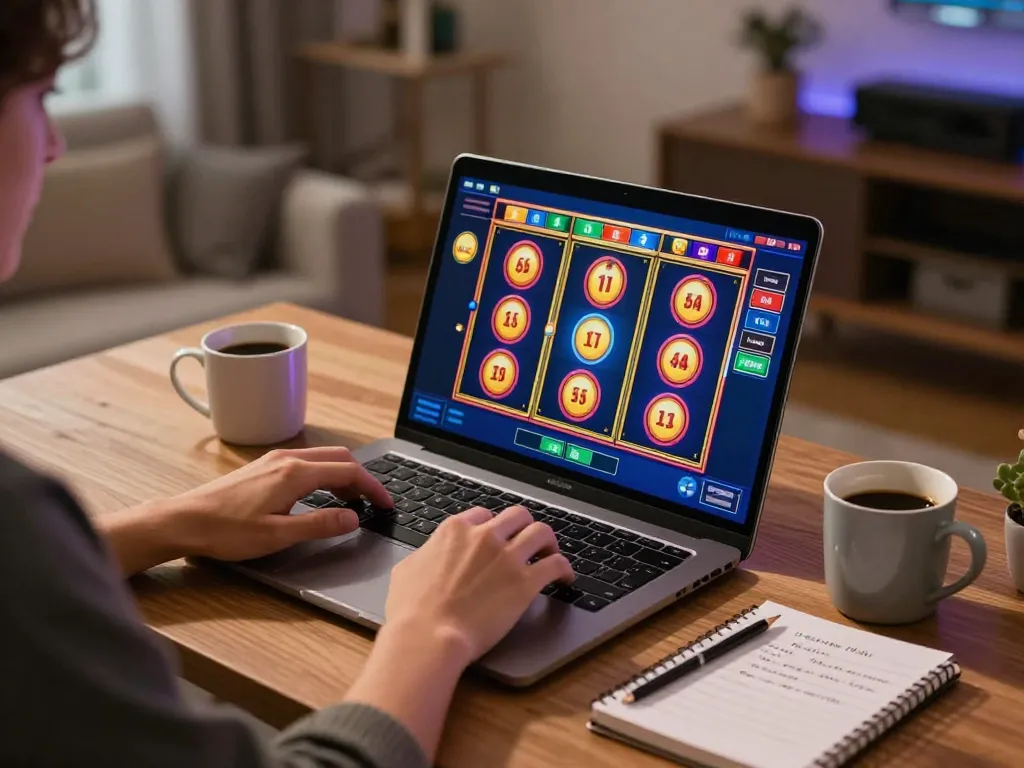 Player enjoying JJNN slots on a laptop, showcasing engaging online gaming atmosphere with warm lighting.