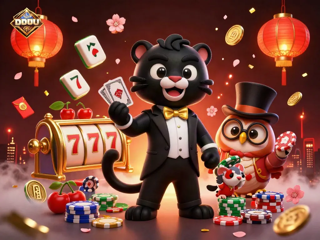 Engage with DDUU gaming excitement featuring a stylish panther dealing cards in a rich casino scene.