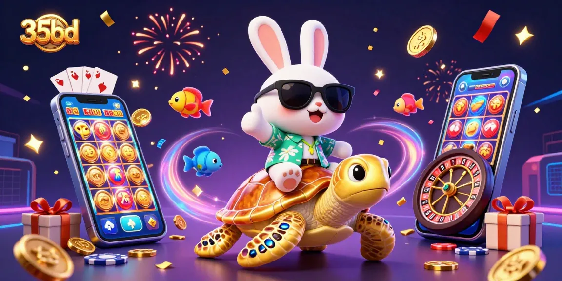 Experience the thrill of 35bd with a lucky rabbit and sea turtle in a vibrant casino scene.