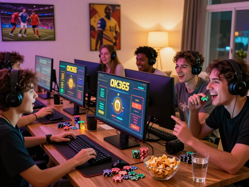 Friends enjoying online betting on ok365 in a lively gaming atmosphere with snacks and sports decor.
