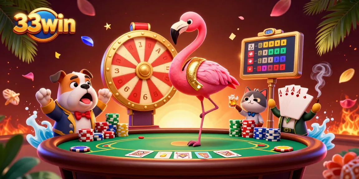 Spin to win at 33win with a dazzling prize wheel featuring a flamingo host and enthusiastic bulldog.