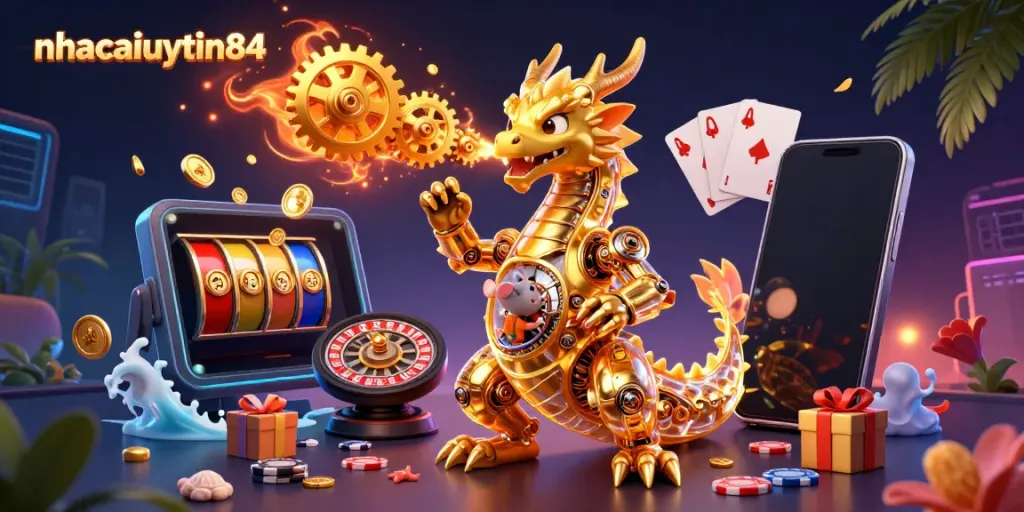 Experience gaming excitement with nhacaiuytin84 as a golden dragon breathes gears in a colorful casino environment.