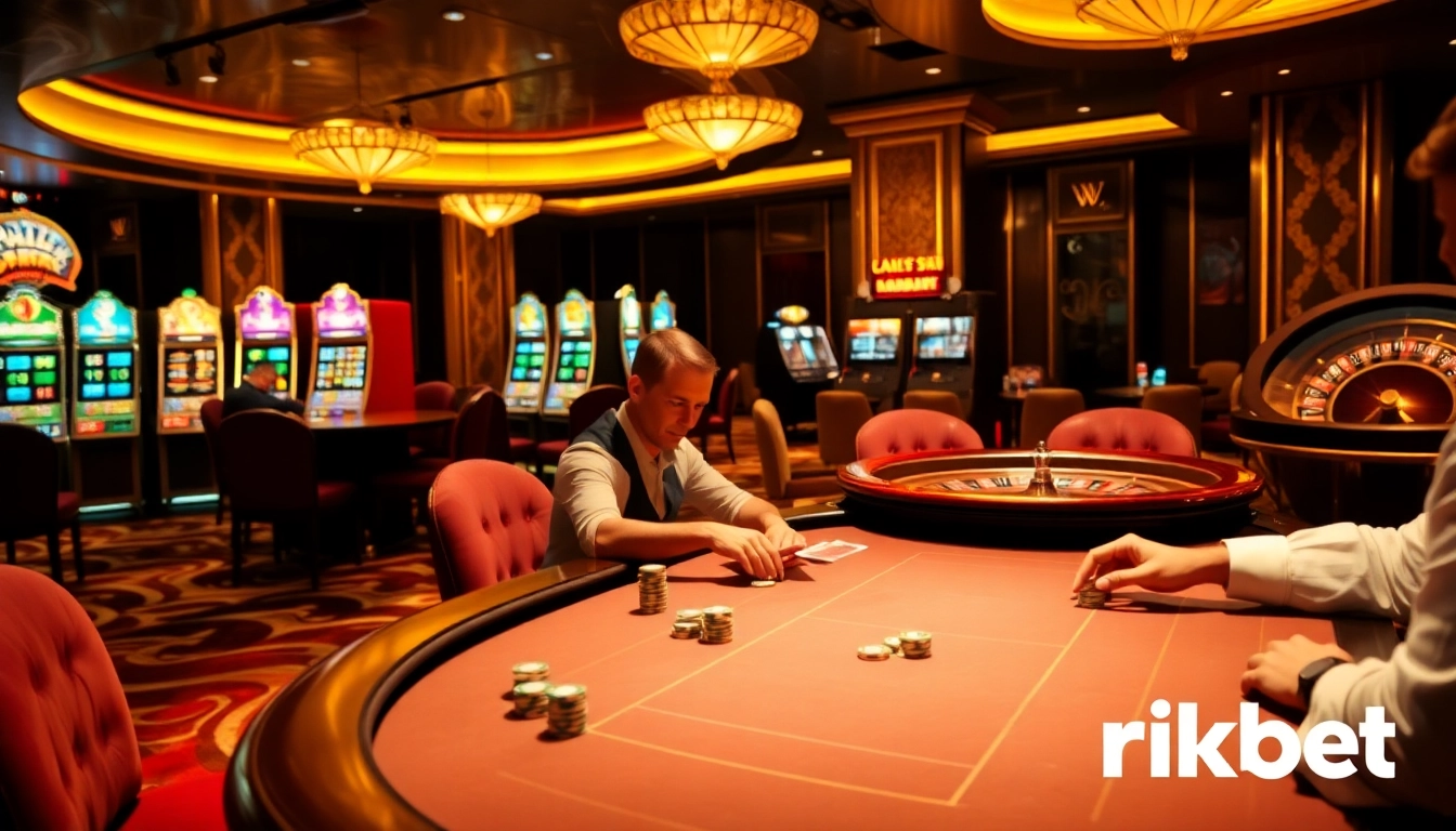 Engaged players at a rikbet poker table in a luxurious casino environment.