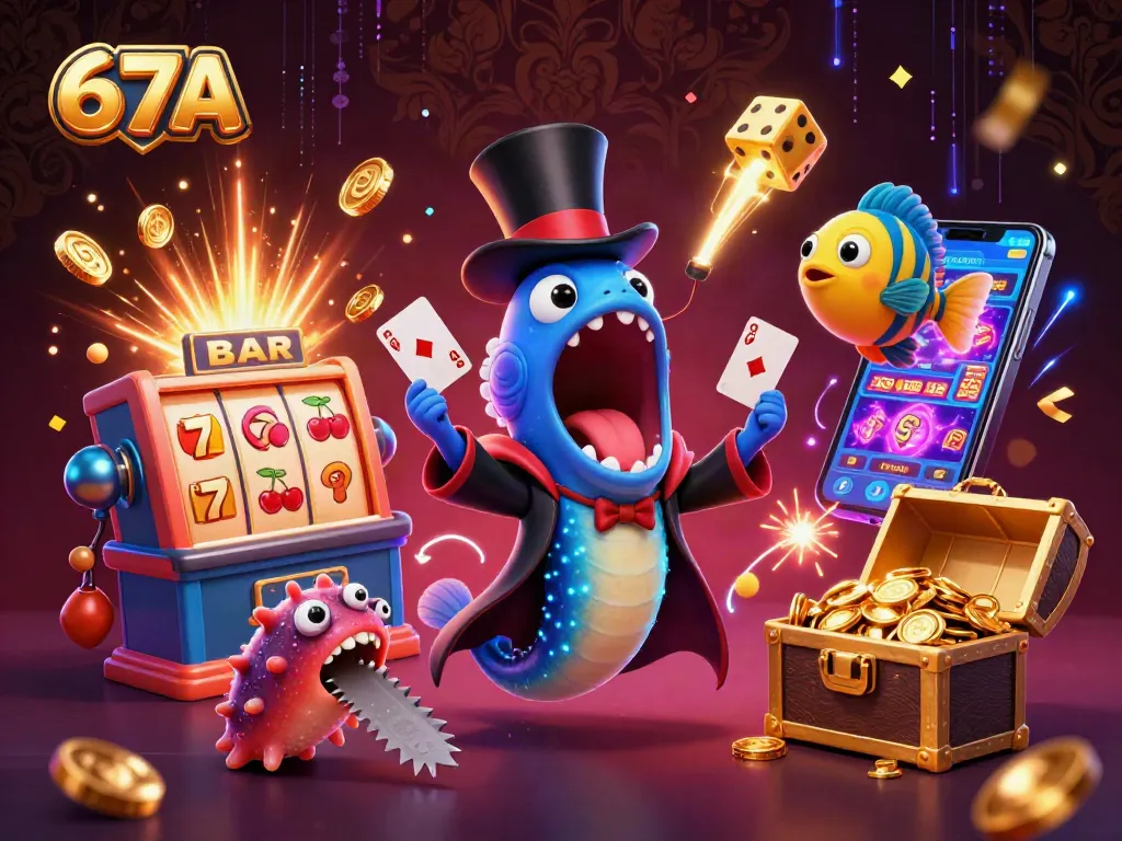 Experience thrilling 67A casino magic with a 3D eel performing card tricks in a vibrant underwater scene.